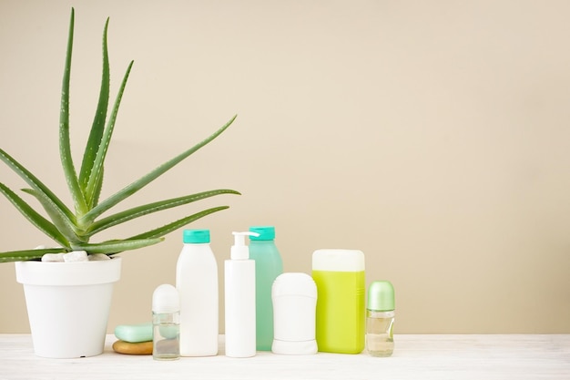 Aloe vera e composição de produtos de beleza e cuidados com o corpo em um espaço de fundo bege para texto