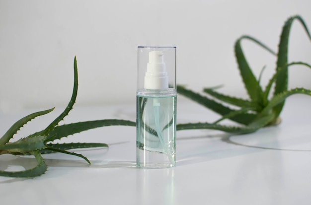 El aloe vera es un producto de cuidado orgánico natural. Vista superior de hojas verdes de aloe vera esparcidas sobre una mesa con varios productos cosméticos que demuestran el concepto de cuidado natural de la piel.