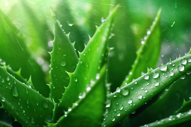 Foto aloe vera húmeda hojas de aloe vera cubiertas de gotas de agua brillantes en primer plano planta útil para el tratamiento y cuidado de la piel generativo ai.