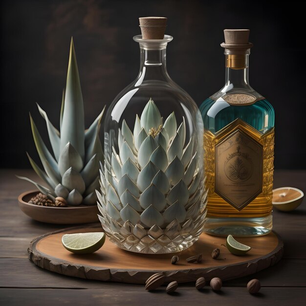 Foto aloe-vera-kaktus und tequila-flasche auf hölzernem hintergrund