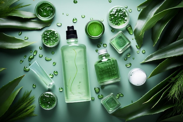 Aloe-Vera-Pflegeprodukte mit Aloe-Vera-Flatlay-Hintergrund Generative von Ai