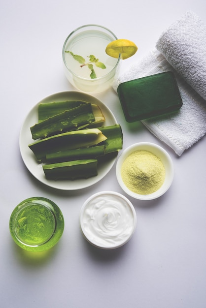 Aloe Vera Produkte wie Gel, Saft, Feuchtigkeitscreme, Seife, Puder