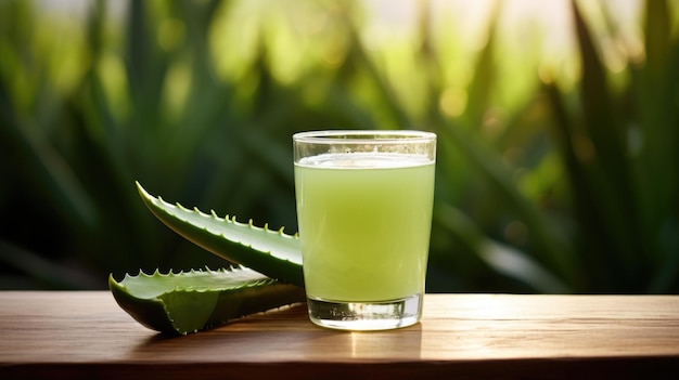 Aloe Vera-Saftglas auf einem Tisch mit Alovera-Stäbchen daneben