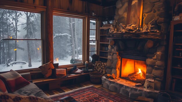 Alojarse este invierno en una cabaña encantadora con un fuego crepitante y pintorescas nevadas creando un mágico país de las maravillas de invierno escapar a la tranquilidad y la relajación en medio de la temporada de invierno