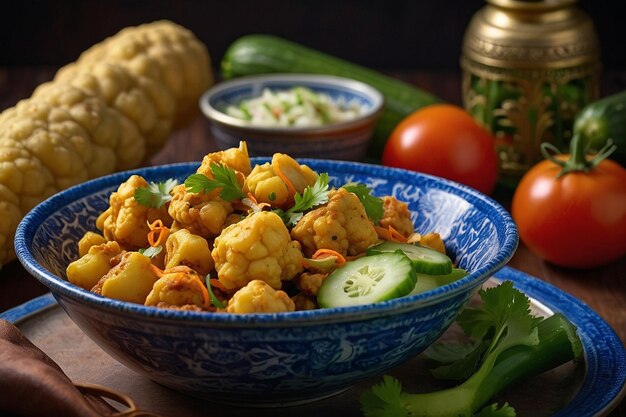 Aloo Gobi com um lado de salada de pepino