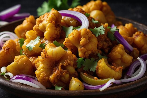 Aloo Gobi cubierto de cebollas en rodajas