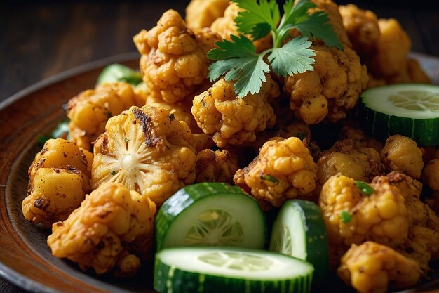 Aloo Gobi con un lado de rebanadas de pepino