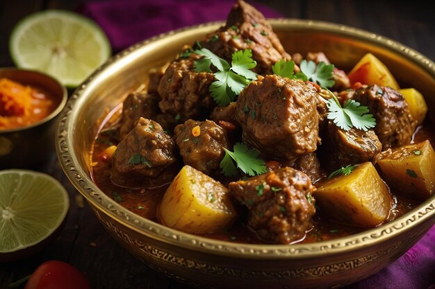 Foto aloo gosht servido en un cuenco tradicional de bronce