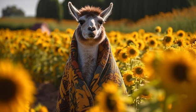 Alpaca bonita sorrindo em prado de girassol felicidade de outono gerada por IA