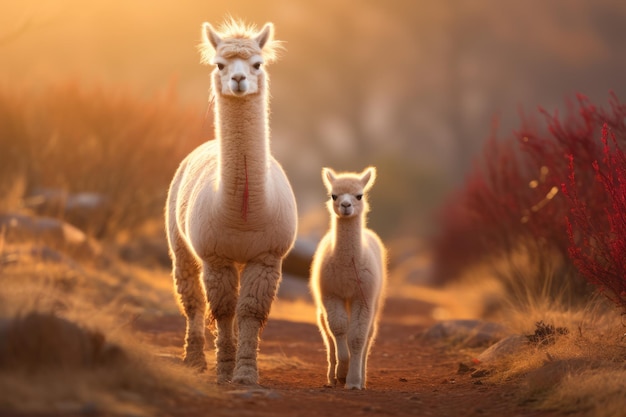 Alpaca y crías de pie sobre hierba marrón