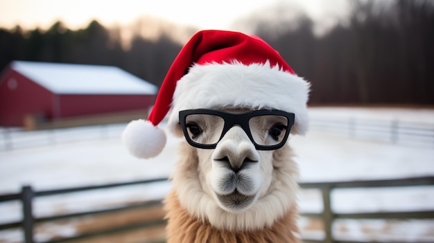 Una alpaca divertida con un sombrero de Papá Noel