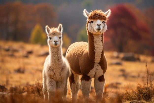 Alpaca e descendentes em pé na grama marrom