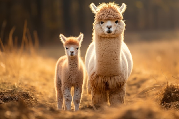 Foto alpaca e descendentes em pé na grama marrom