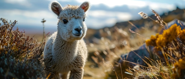 Alpaca em um campo de flores silvestres de montanha