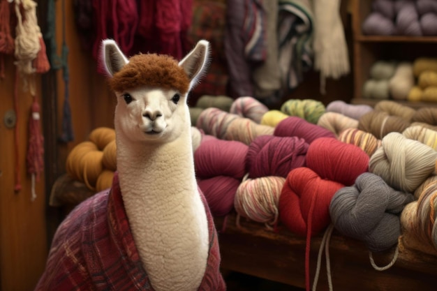 Alpaca em uma loja com fios coloridos de lã de alpaca