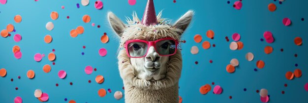 Alpaca con espalda azul con un sombrero de fiesta y gafas de sol Generativo Ai