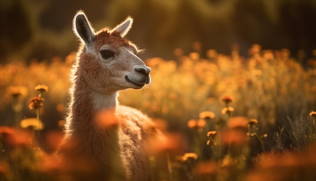 Alpaca esponjosa pasta en un prado tranquilo lindo retrato generado por IA