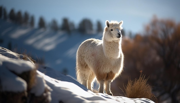 Alpaca esponjosa pastando en un paisaje rural nevado generado por IA