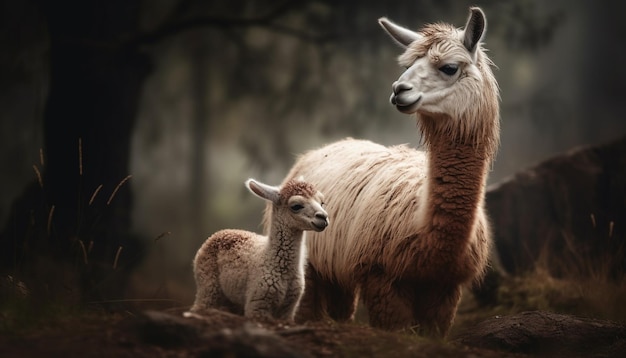 Alpaca esponjosa pastando en un prado verde generado por IA