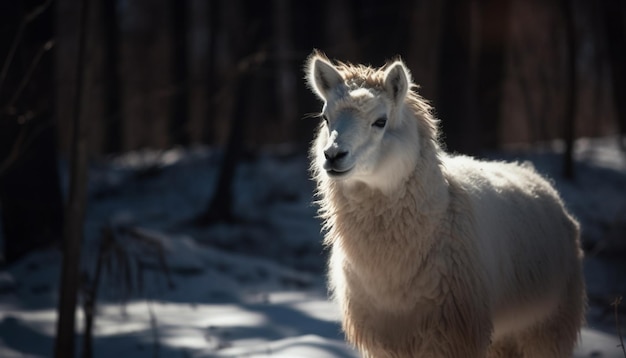 Alpaca esponjosa se para en un prado nevado posando generado por IA