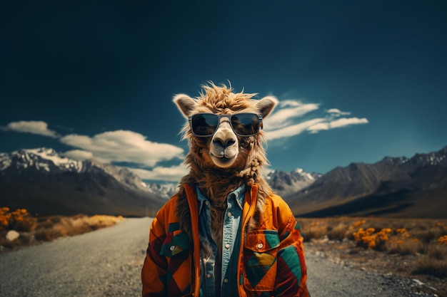 Alpaca con gafas de sol y chaqueta en un camino en las montañas viajes y concepto de pasión por los viajes surrealista