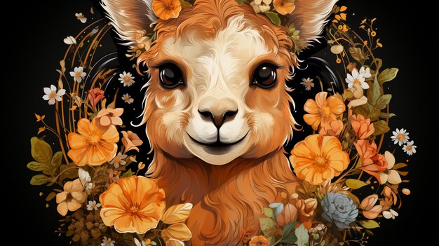 Alpaca linda con una corona de flores de naranja