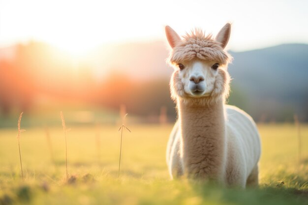 Alpaca mirando a la cámara en un pasto iluminado por el sol