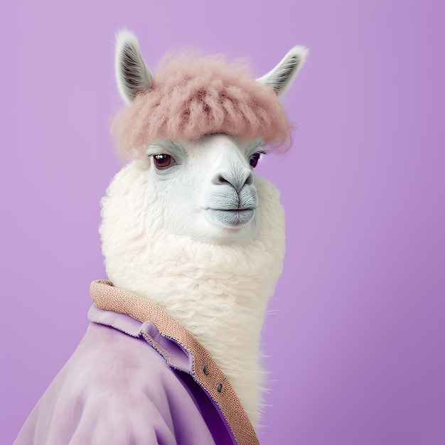 Foto alpaca de moda sobre fondo de lavanda retrato de arte pop estilo algodón de azúcar arte de pared contemporáneo