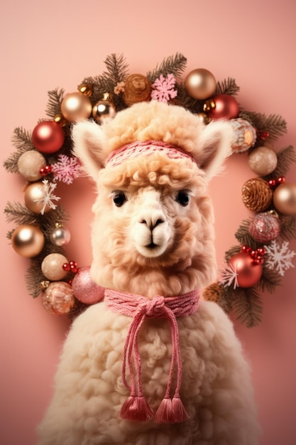 Alpaca navideña con adornos festivos y fondo de corona con espacio vacío para texto