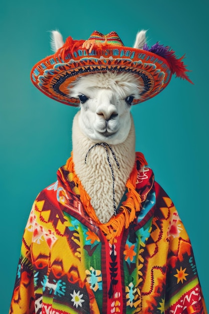 Foto alpaca o lama con sombrero nacional mexicano