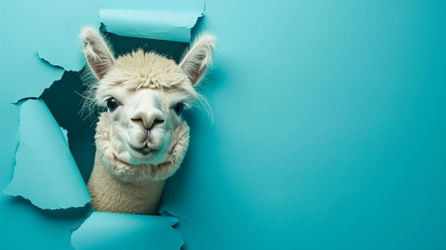 alpaca olhando para cima em papel de cor pastel lado buraco rasgado isolado generativo Ai