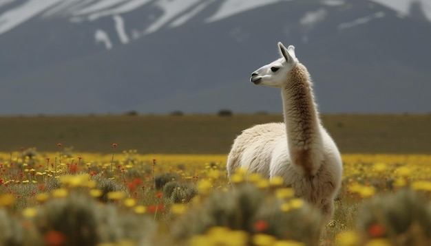 Alpaca pasta en una exuberante pradera montañosa tranquila escena generada por IA