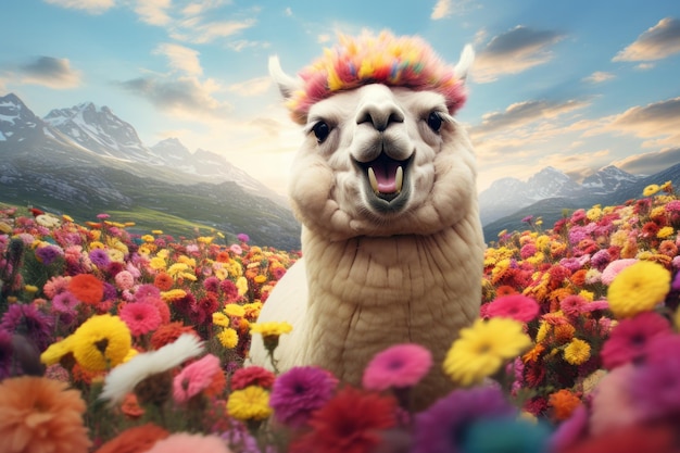 Alpaca rindo em um prado colorido no fundo do campo de flores e céu azul