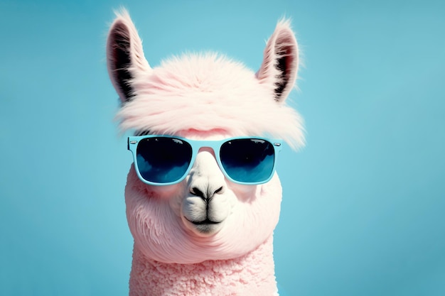 Foto alpaca rosa engraçada em óculos de sol sobre fundo azul