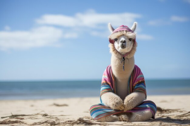 Foto alpaca en un sombrero de playa practicando yoga y relajándose