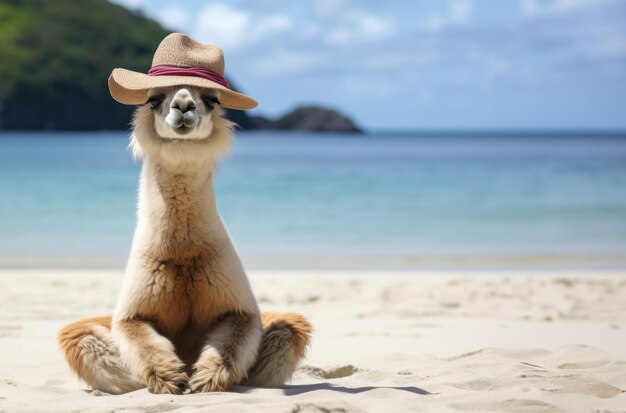 Alpaca con un sombrero de playa para un toque extra practicando yoga en la playa mientras las olas suaves