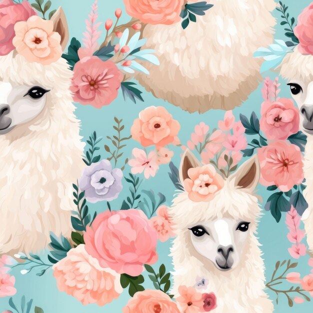 Foto alpacas fofinhas e bonitas em flores com padrões sem costura