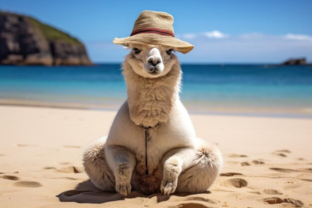 Alpaka am Strand übt Yoga am Strand als die sanften Wellen