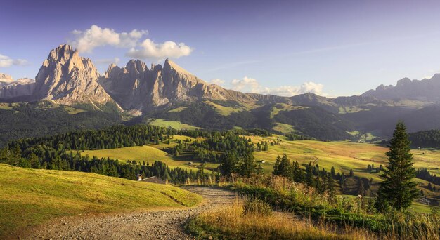 Foto alpe di siusi o seiser alm sassolungo montaña y sendero dolomitas alpes italia