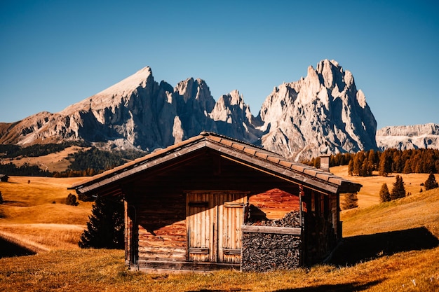 Alpe di Siusi Seiser Alm Langkofel Gebirgsgruppe Landschaft des alpinen roten Herbstes Seiser Alm Wandern Naturlandschaft in Dolomiten Holzchalets in den Dolomiten Trentino Alto Adige