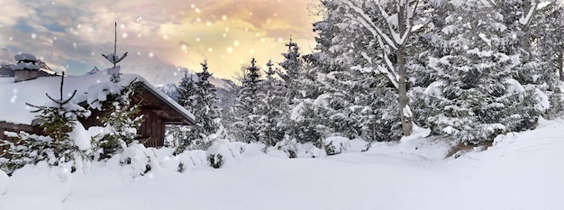 Alpenchalet und Wald im Schnee mit Panoramablick