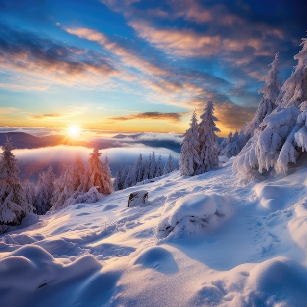 Alpenlandschaft mit weißem Schnee und blauem Himmel Sonnenuntergang Winter in der Natur Frostbäume unter warmem Sonnenlicht Generativ ai