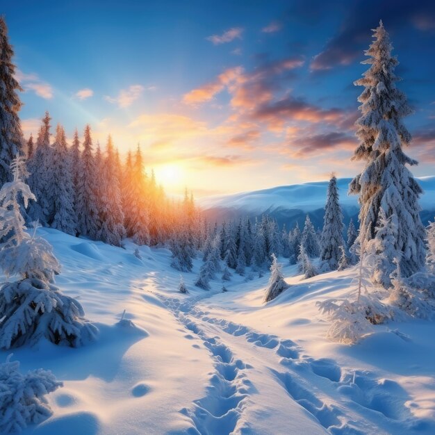 Alpenlandschaft mit weißem Schnee und blauem Himmel Sonnenuntergang Winter in der Natur Frostbäume unter warmem Sonnenlicht Generativ ai