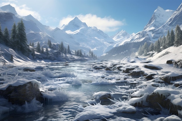 Alpenlandschaften mit zugefrorenen Flüssen