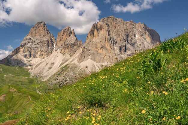 Foto alpes escénicos con la colina de la montaña verde bajo el cielo