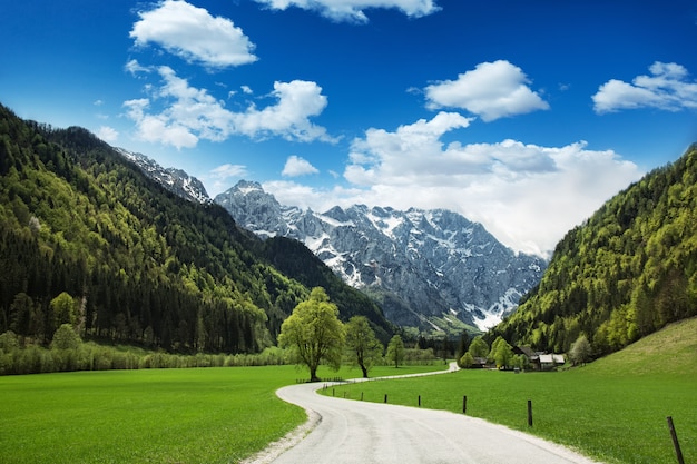 Foto alpes idílicos valle de montaña