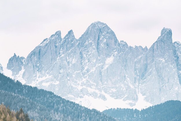 Alpes suizos Paisaje majestuoso de los Dolomitas Montañas cubiertas de nieve y pinos en los Alpes