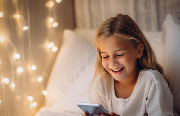 Alpha-Kind der neuen Generation nutzt Smartphone im Bett. Kind der Generation Alpha Digital Native allein mit Telefon