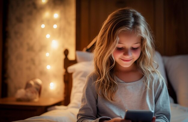 Alpha-Kind der neuen Generation nutzt Smartphone im Bett. Kind der Generation Alpha Digital Native allein mit Telefon