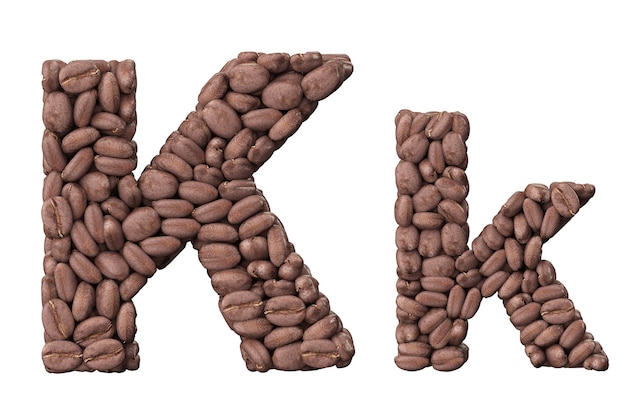 Alphabet aus Kaffeebohnen. Buchstabe K Kaffeedesign isoliert auf weißem Hintergrund